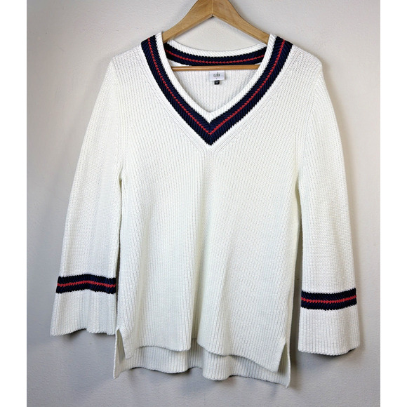 CAbi Sweaters - CABI Womens large White V Neck fisherman patriotic preppy sweater style #5639